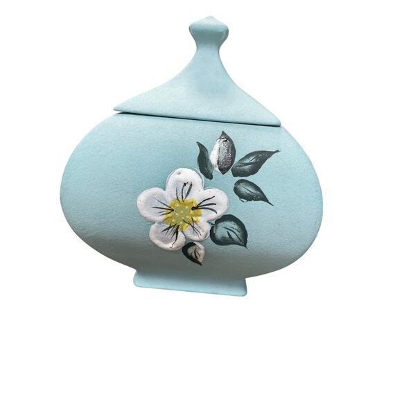 Hand-Painted David Fulmer green white Ceramic Floral Lidded Jar Vase SKU 9312 - Picture 4 of 10